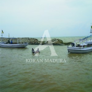 RUSAK. Tangkis laut di Desa Tlonto, Kecamatan Pasean, yang belum berumur setahun sudah rusak.