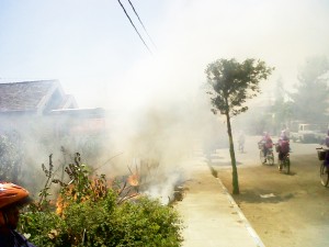 TERTUTUP ASAP. Pengendara melintas di samping areal lahan gambut yang terbakar di Jalan Samsul Arifin Kota Sampang, Kamis (15/10). Jalan tersebut dipenuhi asap dikarenakan petugas pemadam kebakaran tidak datang.