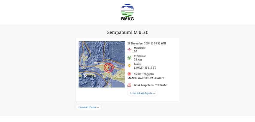 Gempa Berkekuatan Magnitudo 6,1 Guncang Manokwari Selatan